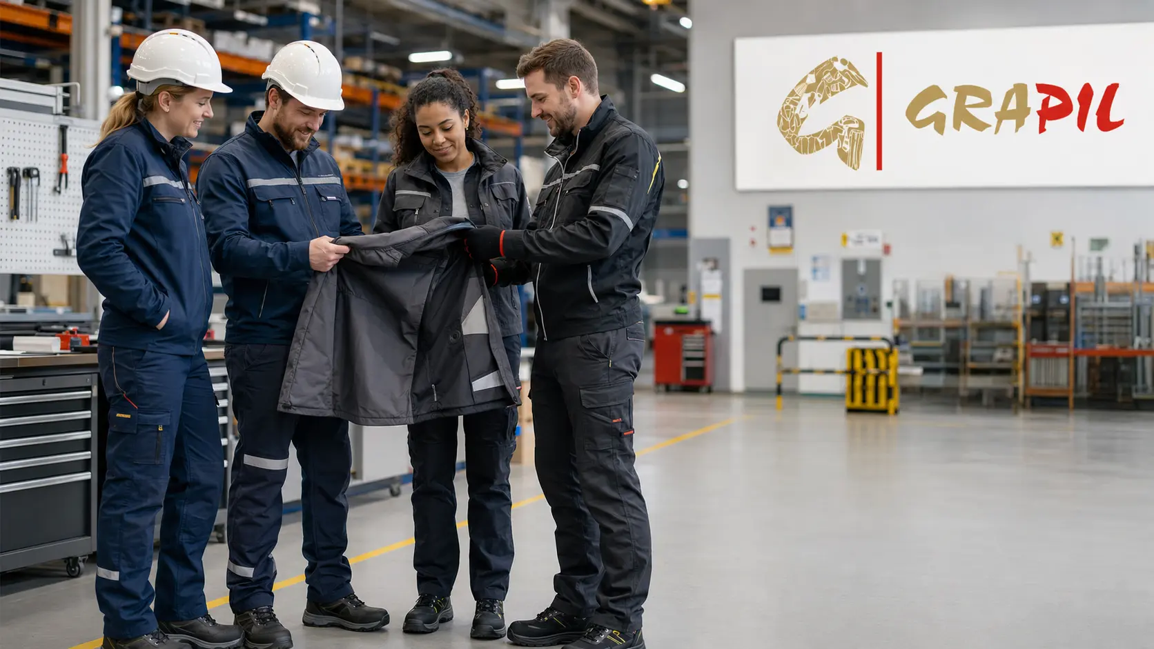 robotnicy wybierający odzież roboczą do swojej firmy