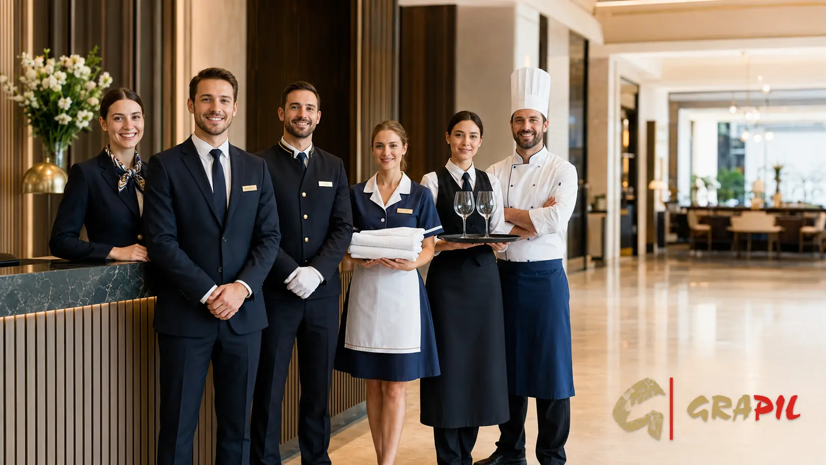 pełna obsługa hotelowa w jednym miejscu w odpowiednich strojach hotelowych
