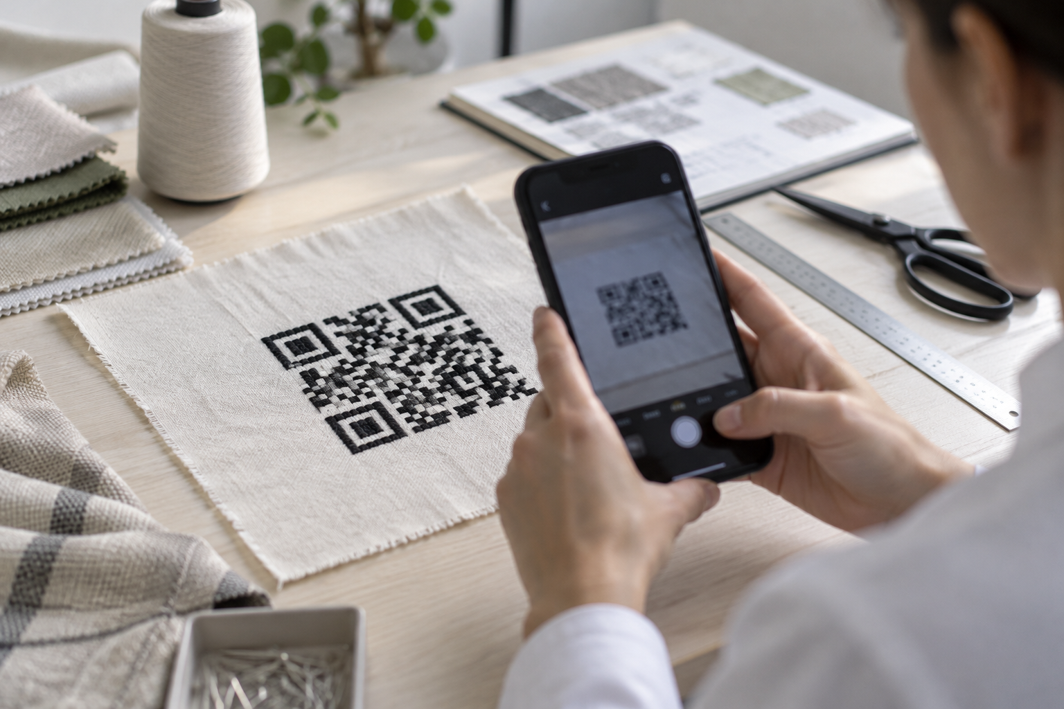 Poglądowa próba skanowania haftowanego wzoru przypominającego kod QR