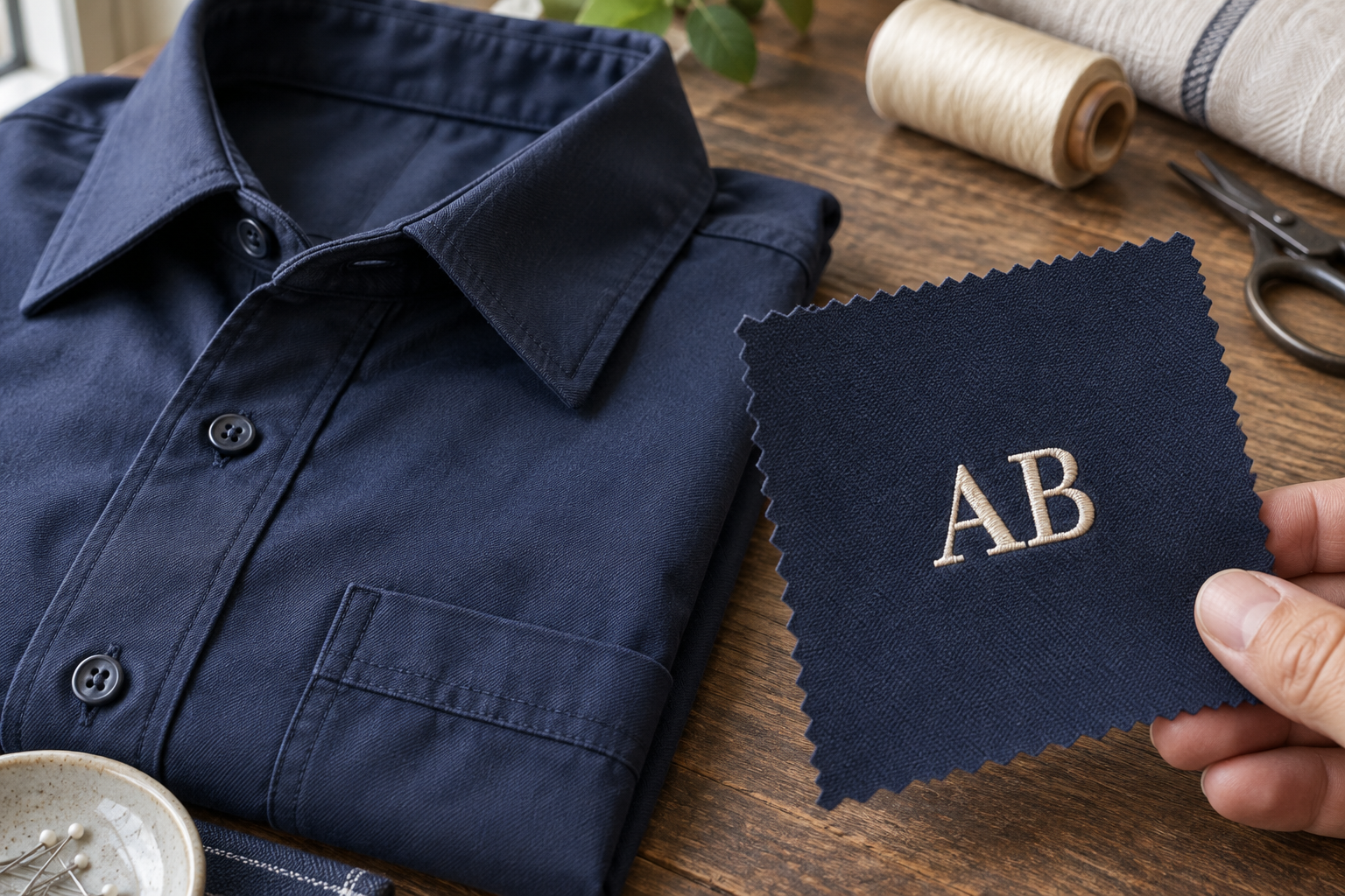 Kremowy monogram AB wyhaftowany na granatowej tkaninie