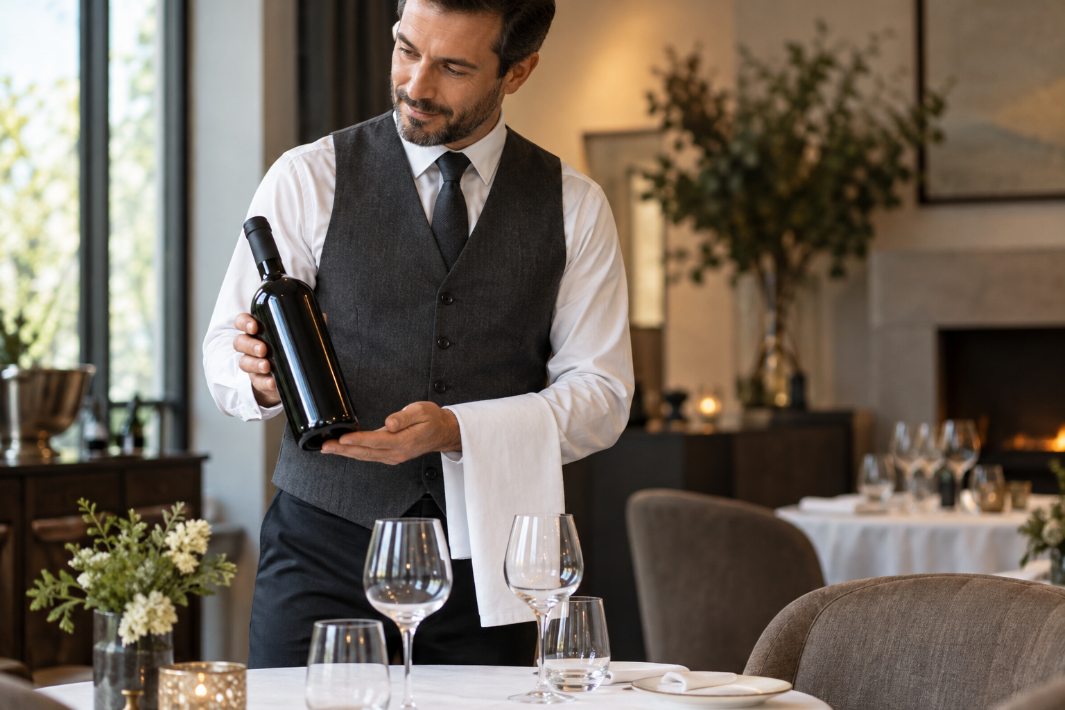 Sommelier w kamizelce prezentujący butelkę przy stole