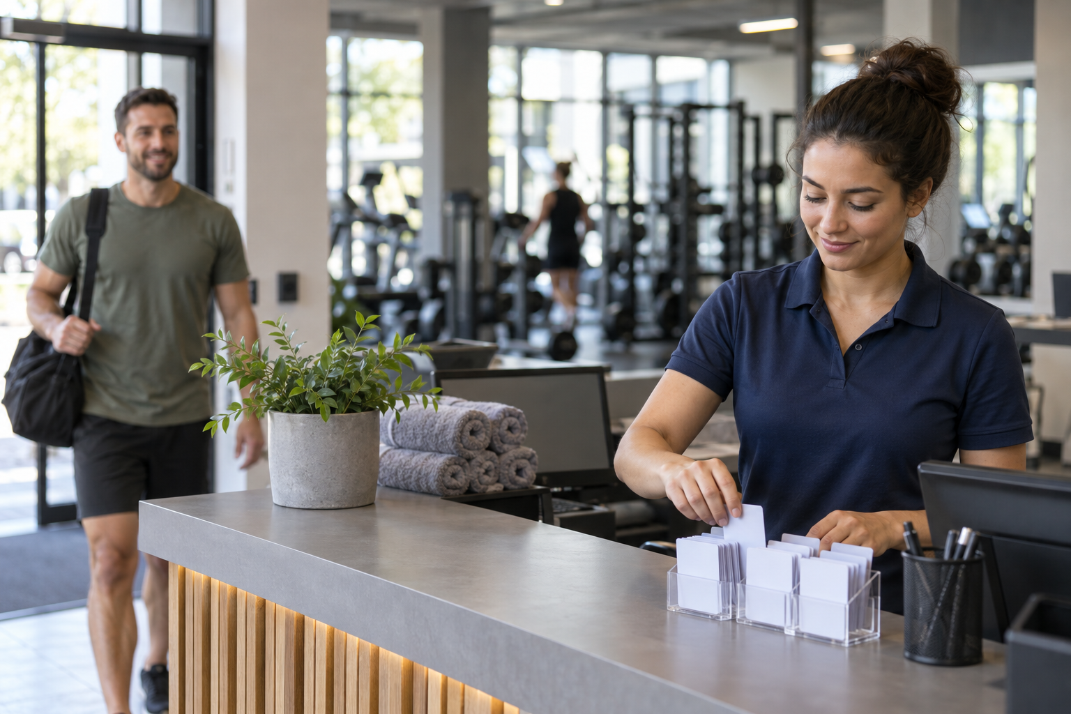 Pracownica recepcji fitness w granatowej koszulce polo