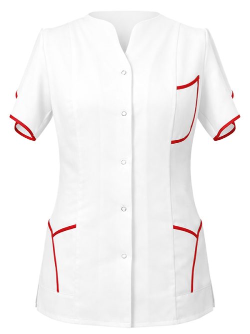 Fartuszek damski biały z czerwonymi wstawkami